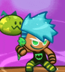 a cartoon character with blue hair holding a green monster