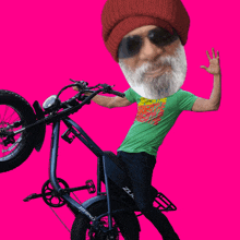 a man with a beard is riding a bike with the words awesom in yellow letters