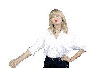 a woman in a white shirt flexes her muscles