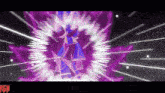 a video game character is surrounded by purple and white lines and the word rgn is on the bottom right