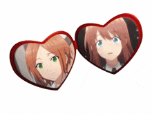 two red heart shaped glasses with anime characters on them