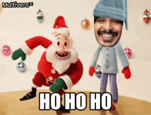 a stuffed santa claus and a stuffed man are dancing with the words ho ho ho on the bottom