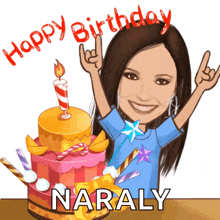 a cartoon of a woman with a birthday cake and the name naraly on the bottom