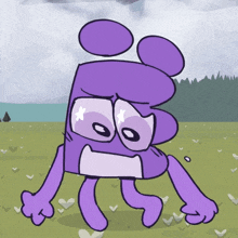 a cartoon drawing of a purple figure with a sad face