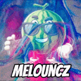 a cartoon watermelon wearing sunglasses and a red shirt with the name melouncz