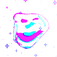 a pixel art drawing of a blue face with a purple smile