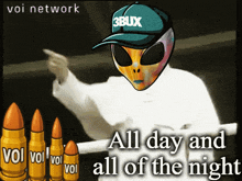 a cartoon of an alien wearing a 3bux hat