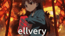a girl is holding a red box and the word elvery is on the bottom right