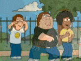 three cartoon characters are standing next to each other and one of them is wearing a shirt with a smiley face on it