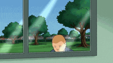 a cartoon of a man looking out a window