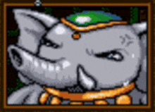 a pixel art drawing of an elephant with a green hat on its head