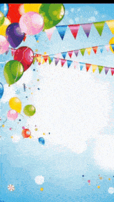a blue background with balloons and flags floating in the air