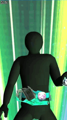 a silhouette of a man in a black suit with a blue belt holds a sword
