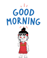 a girl in a red dress is holding a cell phone with the words good morning behind her