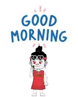 a girl in a red dress is holding a cell phone with the words good morning behind her