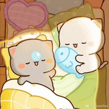a couple of cartoon cats laying on a bed with one holding a fish pillow