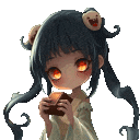 a pixel art of a girl with long hair holding a box in her hands .
