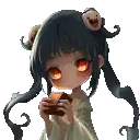 a pixel art of a girl with long hair holding a box in her hands .
