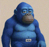 a blue gorilla named ron is sitting down with his eyes closed