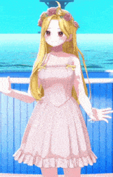 a girl with long blonde hair wearing a white dress