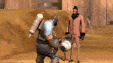 a man in a suit stands next to a man with a gas mask on his back