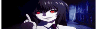 a girl with red eyes and black hair is pointing at something .