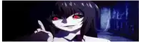 a girl with red eyes and black hair is pointing at something .