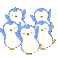 a group of blue and white penguins standing next to each other on a white background