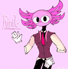 a drawing of a pink axolotl wearing a suit and tie on a pink background .