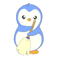 a blue and white penguin is holding a mop