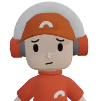 a cartoon character wearing headphones and an orange hat with a c on it