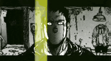 a black and white drawing of a man with a yellow stripe on his face