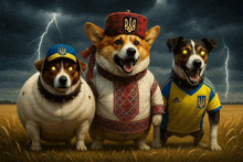 three dogs standing in a field with one wearing a adidas shirt