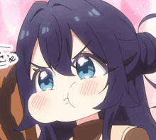a girl with purple hair and blue eyes is making a face