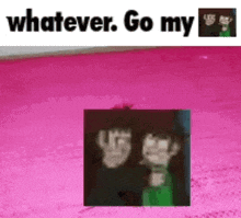 a couple of cartoon characters standing next to each other on a pink surface .
