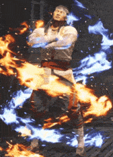 a man with a bandana on his head is surrounded by fire and smoke