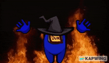 a blue among us character wearing a witch hat has the word dum on his shirt
