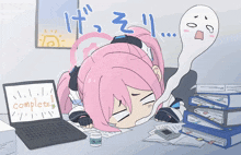 a cartoon of a girl sleeping in front of a laptop with the word complete on it