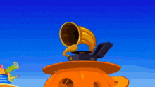 a cartoon illustration of a phonograph on top of an orange object .