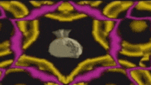 a bag of money is sitting in the middle of a purple and yellow geometric pattern .