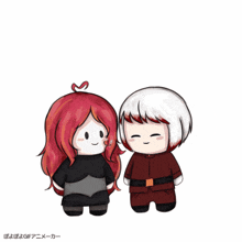 a girl with red hair and a boy with white hair stand next to each other