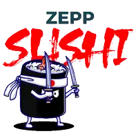 a cartoon of a sushi roll holding two swords in front of a zepp sushi logo