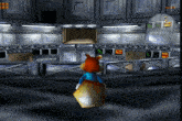 a cartoon character in a video game is standing in front of a door that says ' exit ' on it