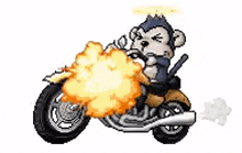 a pixel art of a man riding a motorcycle with smoke coming out of it and a cat flying in the background .