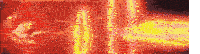 a close up of a red and yellow neon sign with a person standing in the background .