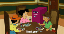 a group of cartoon characters are sitting at a table with plates of food and the words thank you written on the bottom