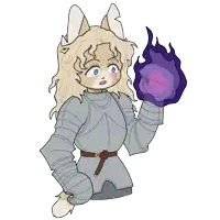 a drawing of a cat wearing armor and holding a purple flame