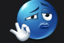 a blue smiley face with a white hand is making a peace sign .