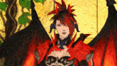 a woman with red hair and horns is wearing a black and red costume