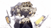 a cartoon drawing of a robot holding an umbrella and a gold bar